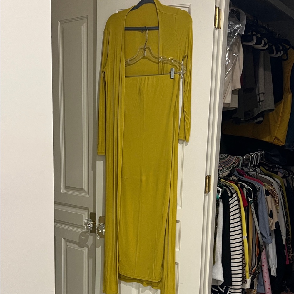 Ribbed Strapless Yellow Dress with Long Cardigan